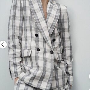 ZARA double breasted cream and grey plaid blazer, S